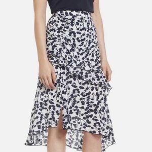 Lewit Navy White Gingko Leaf Print Ruffled Silk Skirt